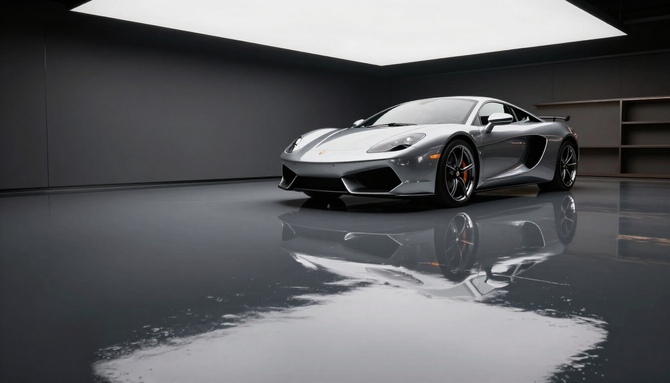 Silver sports car in a dark studio with a glossy floor reflecting the car and overhead light