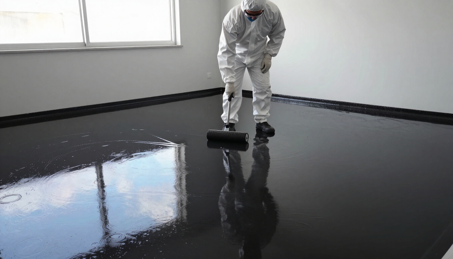 Person in protective suit rolling black coating onto a floor in a room with white walls.