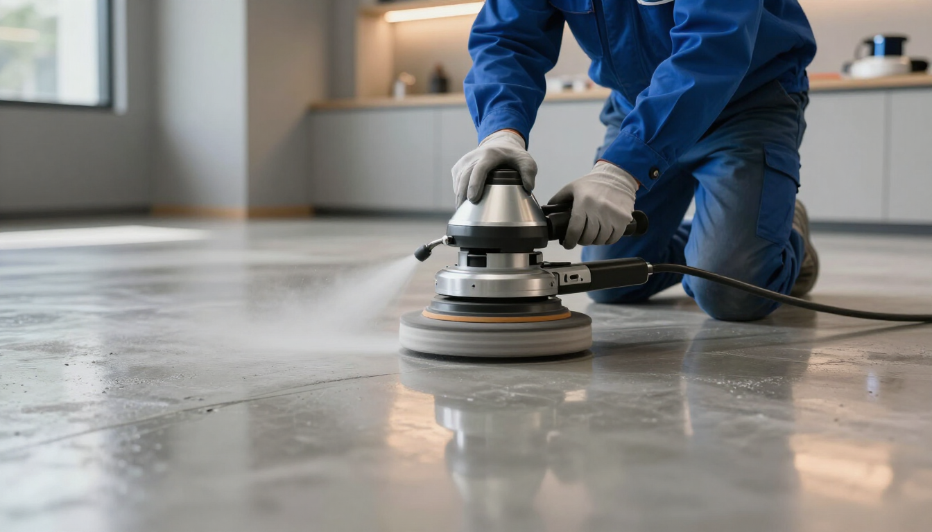 Person rolling white paint on a concrete floor in a bright room