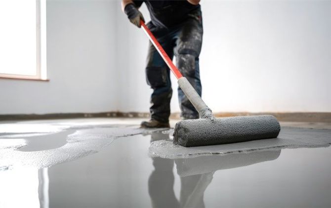 Worker using a paint roller to coat a wet floor with gray epoxy indoors