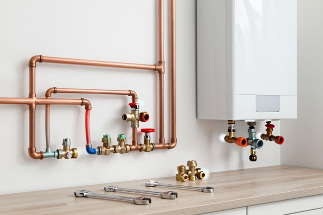 Plumbing tools, piping materials, and a water heater service setup
