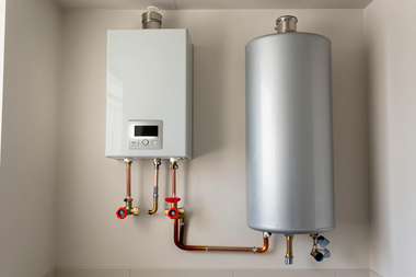 Water heater service area with plumbing connections