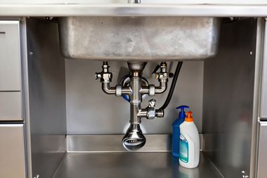Commercial plumbing maintenance beneath a service sink