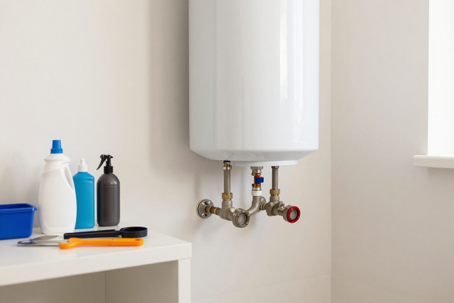 Water heater with exposed pipes above a shelf holding cleaning supplies in a bright room