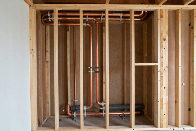 Wood-framed wall under construction with exposed copper plumbing pipes and valves in a house interior