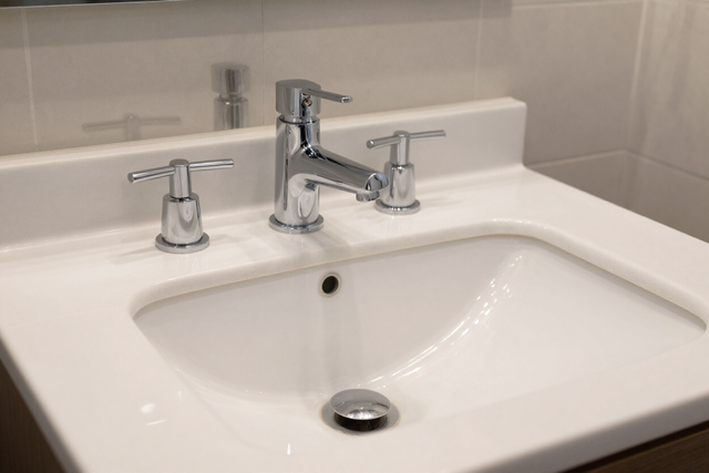 White bathroom sink with chrome faucet and separate soap dispenser on a beige tiled countertop
