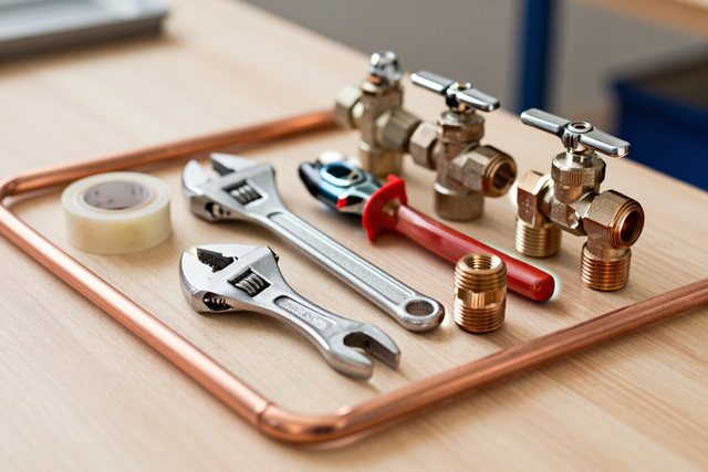 Assorted plumbing tools and fittings on a wooden tray, including wrenches, tape, and valves.