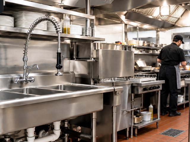 Commercial kitchen with stainless-steel sinks and equipment; a cook works at the stove in back.