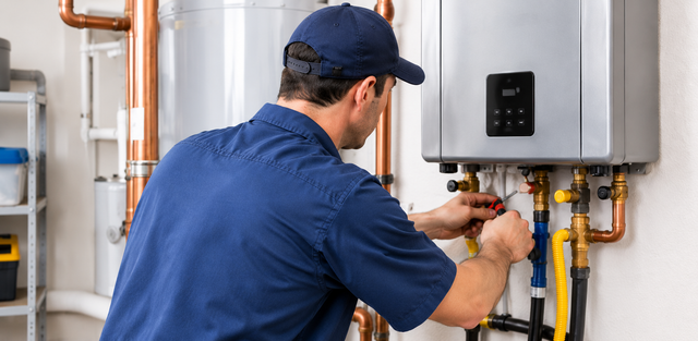Plumber in blue uniform repairing a wall-mounted water heater with pipes and tools