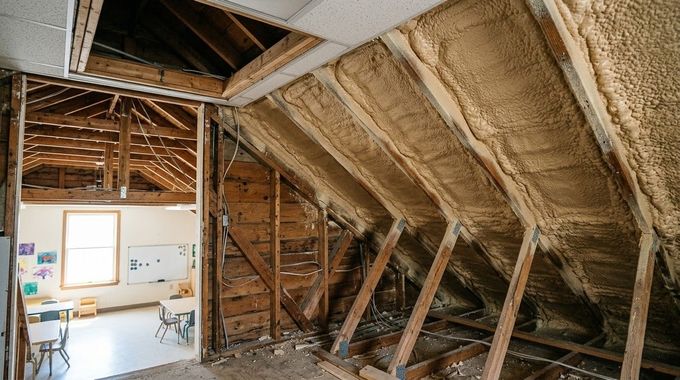 Destroyed room with exposed wooden framing, insulation, and debris after interior wall removal