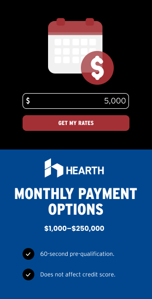 Mortgage payment options graphic with calendar, $5,000 slider, and Hearth monthly payment options text.
