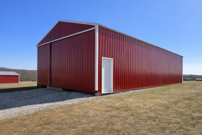 Red metal barn with white door on a gravel drive in a grassy field under a blue sky