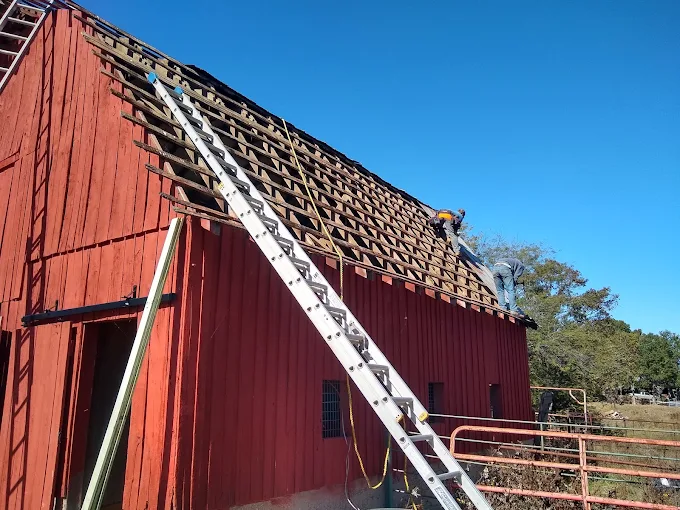 Red barn with a long ladder leaning to the roof during repair work under a clear blue sky.