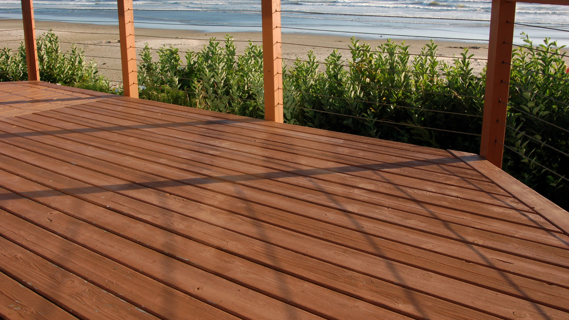 Wooden deck overlooking a sandy beach and ocean through a railing, with plants along the edge.