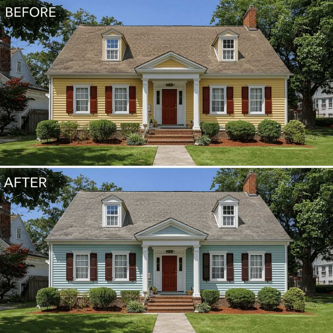 full house exterior repaint on a cedar clapboard colonial, Madison, CT. Full wood repair scope completed