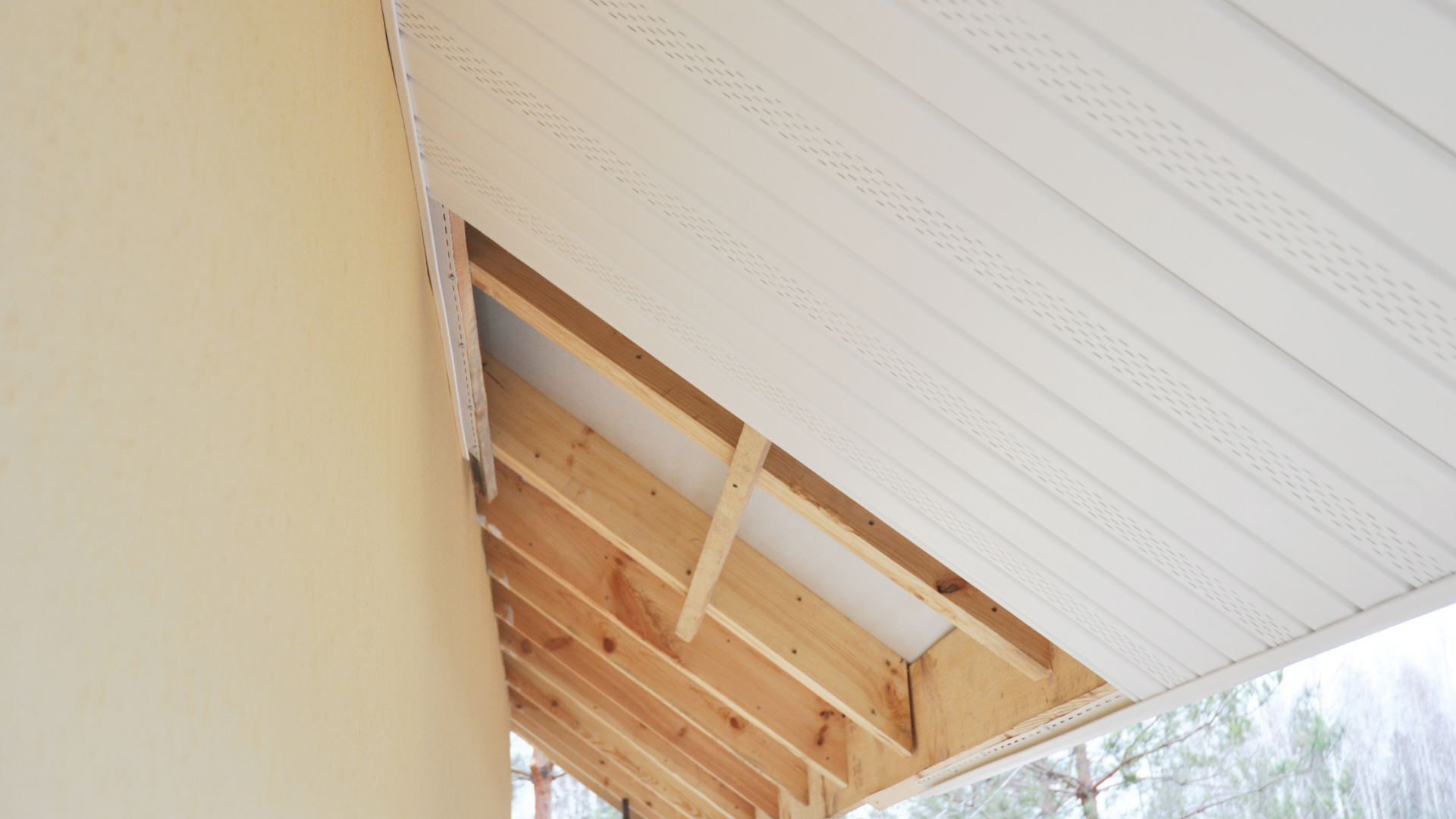 Underside of a roof eave with exposed wooden rafters and white soffit panels under a beige wall