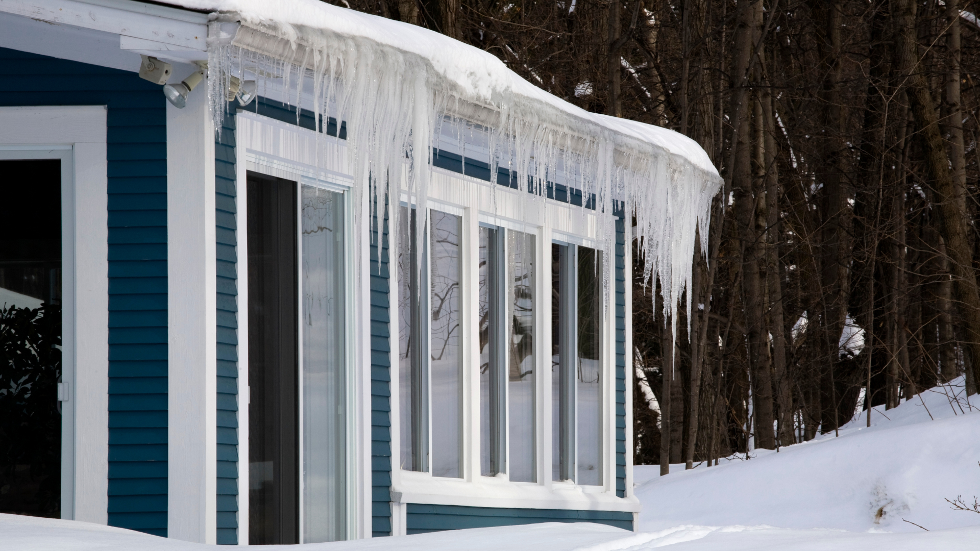 Snow-covered house with icicles along the roof, beside a snowy forest