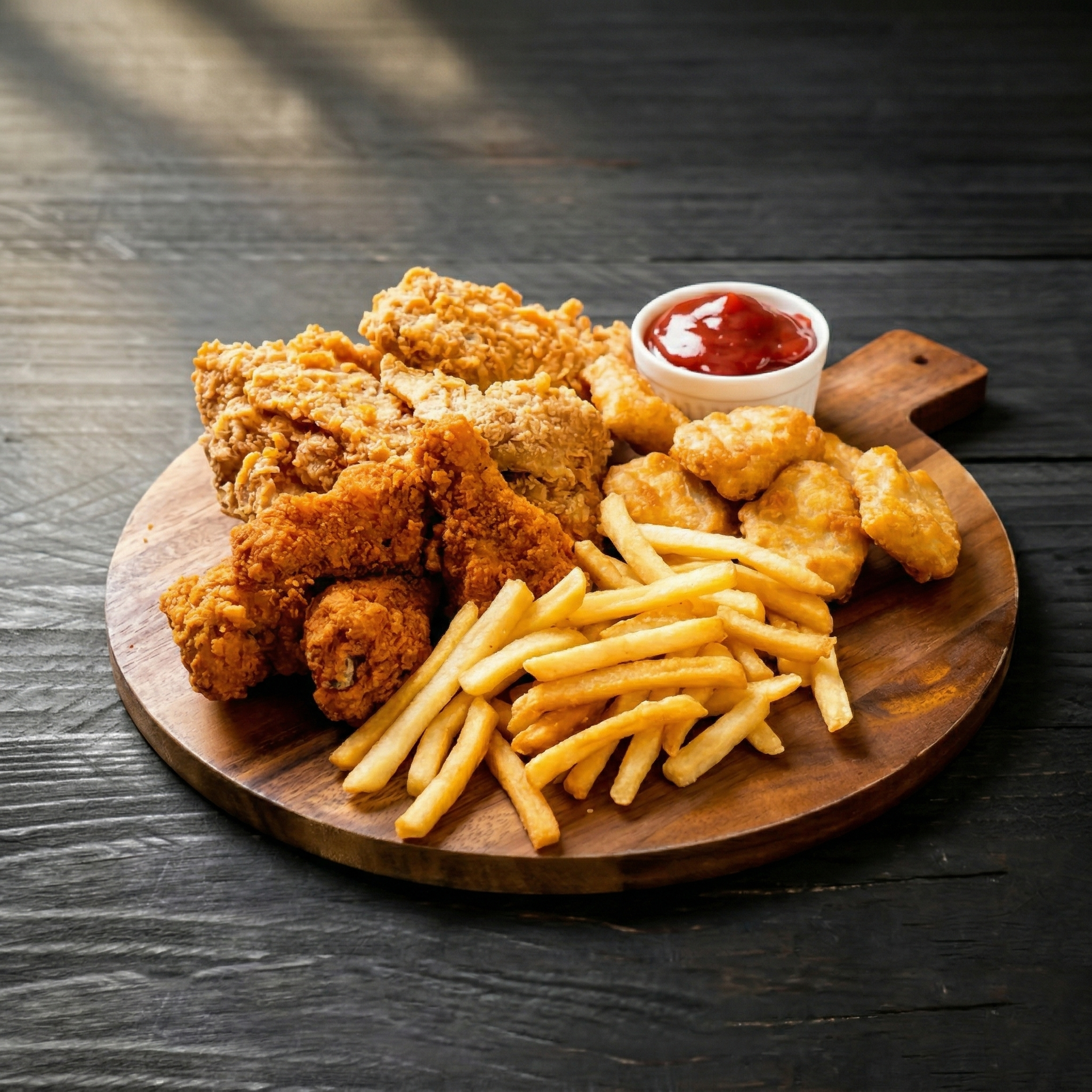 A wooden platter holds fried chicken pieces, chicken nuggets, a side of ketchup, and french fries on a dark table.