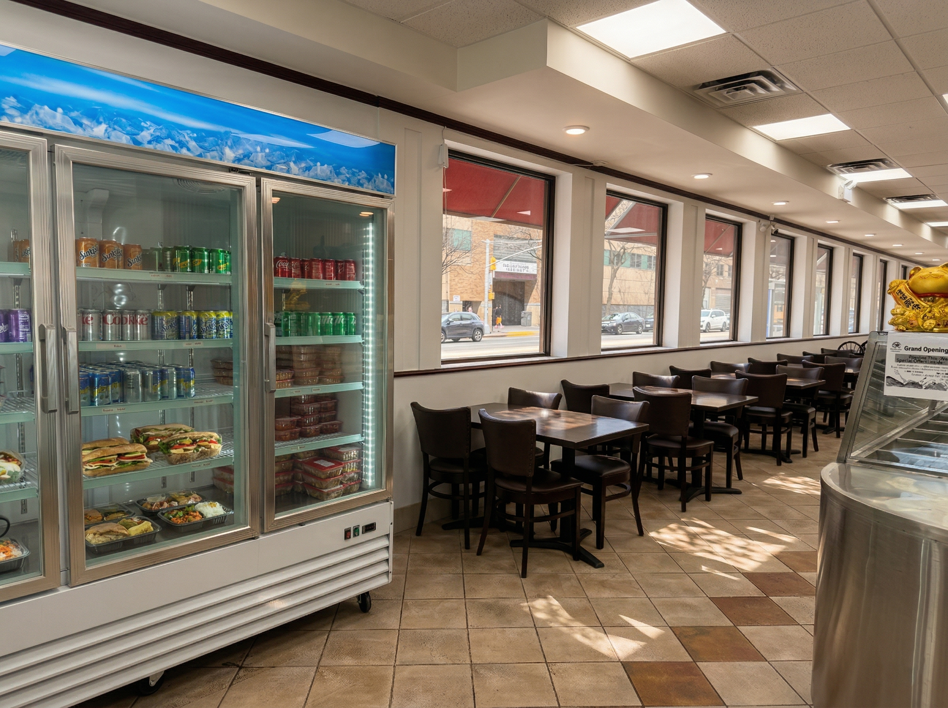 A well-lit deli interior with a glass-front beverage and food cooler, tables and chairs, and large windows.