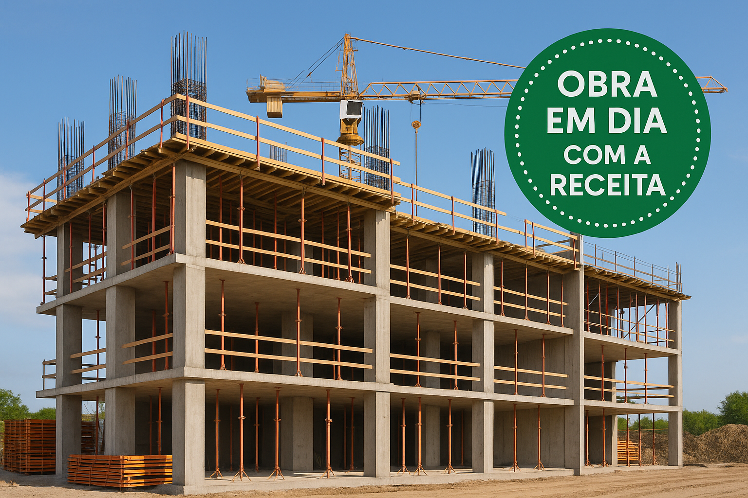 Canteiro de obras com guindaste e texto: