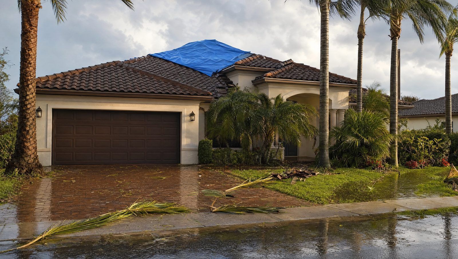 Pembroke Pines home with an emergency tarp on a storm-damaged tile roof