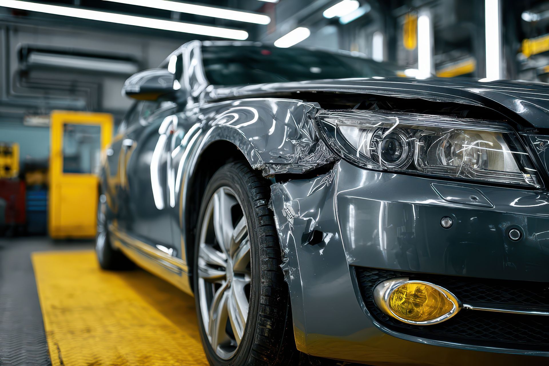 Damaged grey car with a crumpled front fender in a repair shop, on a yellow lift.