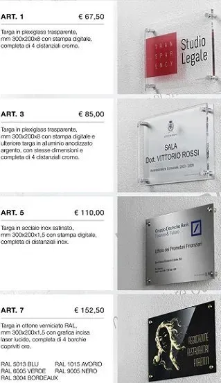 targhe personalizzate in metallo acciaio e  plexiglass