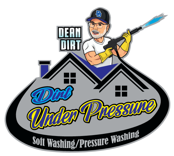Cartoon logo: Man pressure washing a house. Text: