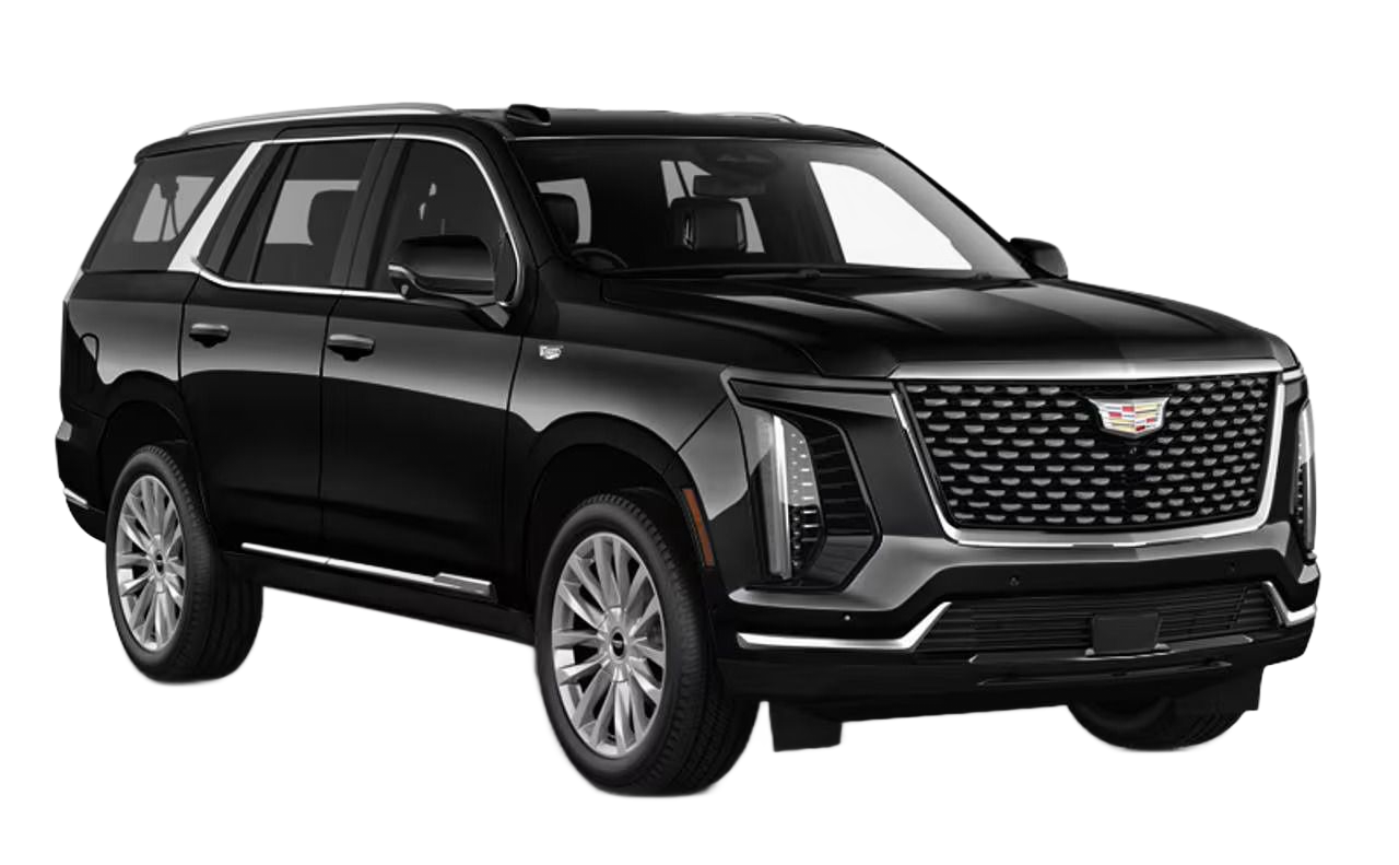 Black Cadillac Escalade SUV on a white background, front three-quarter view