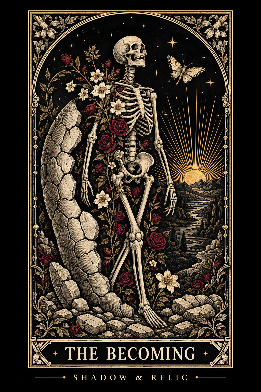 The Becoming gothic card artwork in antique gold, black and burgundy