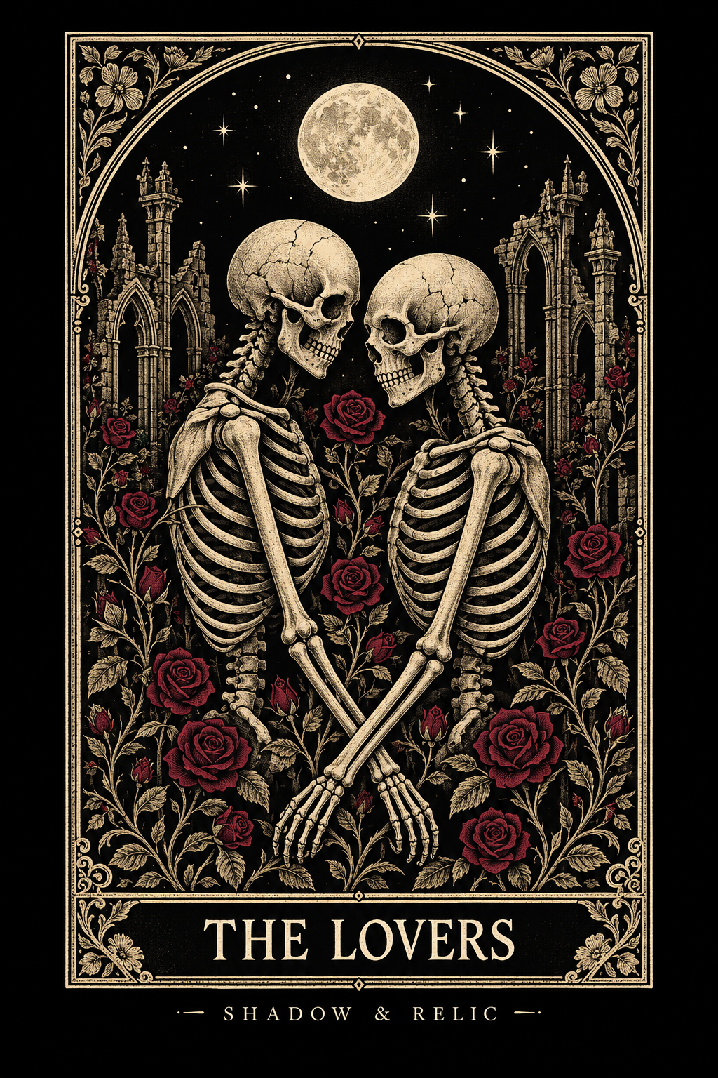The Lovers gothic card artwork in antique gold, black and burgundy