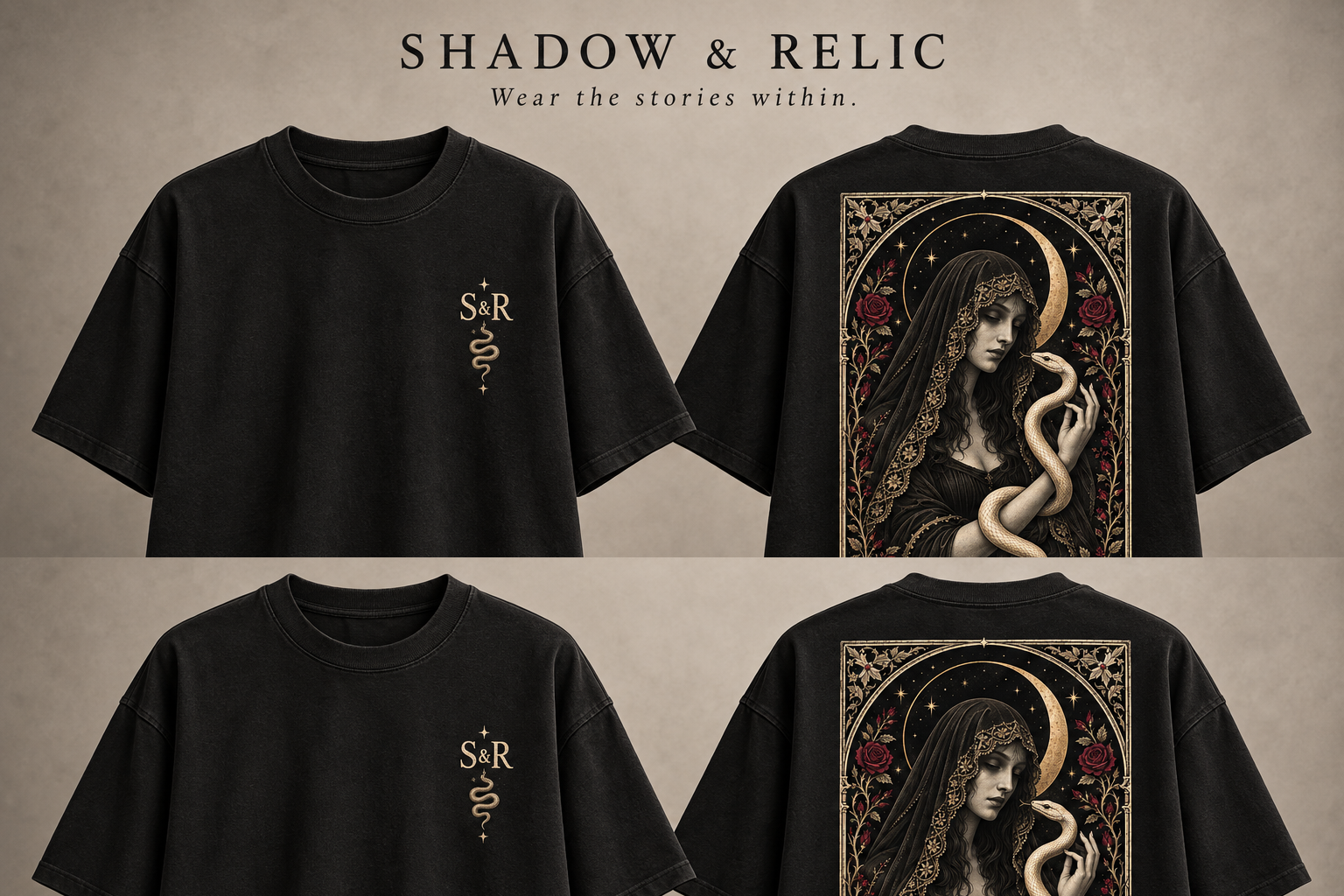 The Charmer black oversized tee concept, front and back, with small S&R chest emblem