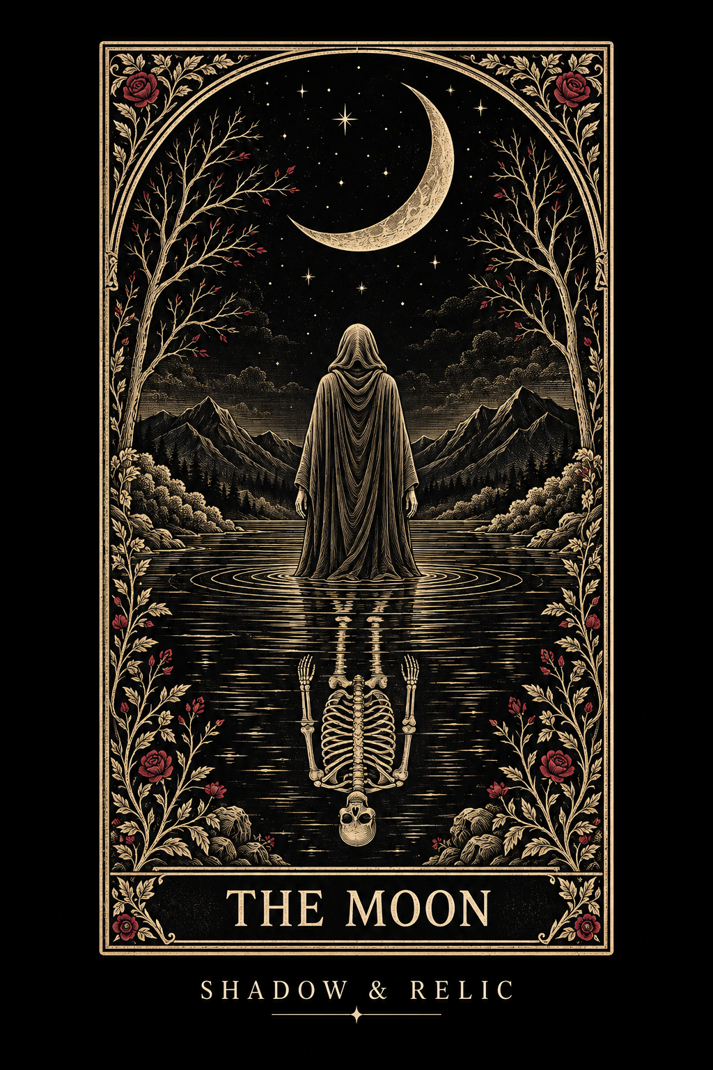 The Moon gothic card artwork in antique gold, black and burgundy