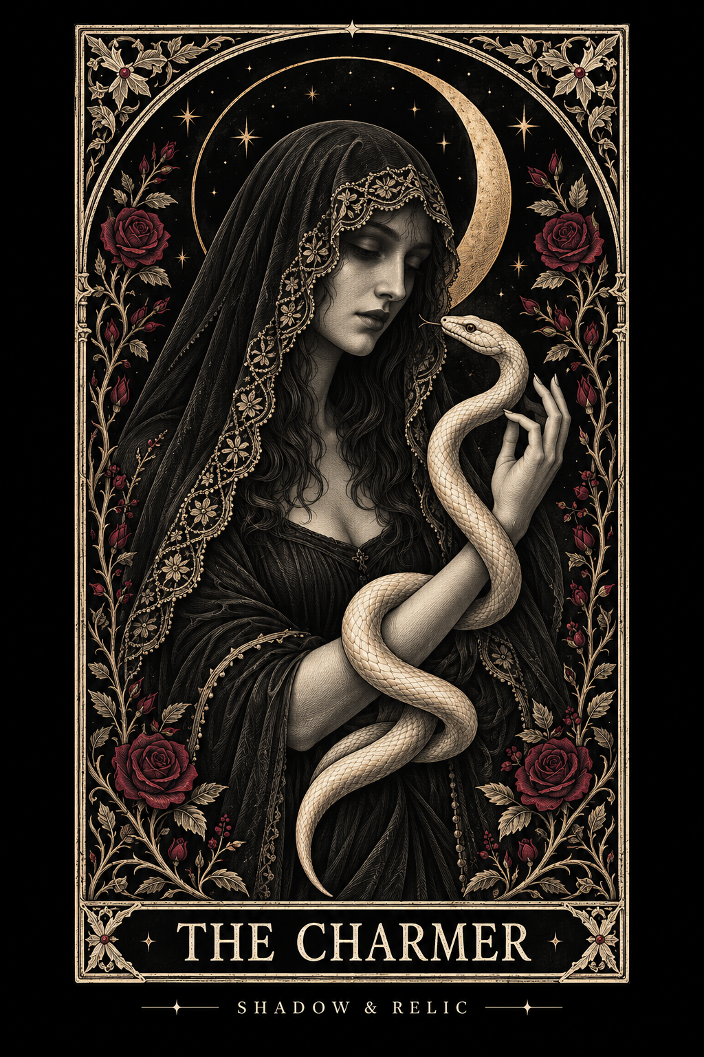 The Charmer: a veiled woman holding a pale snake beneath the moon