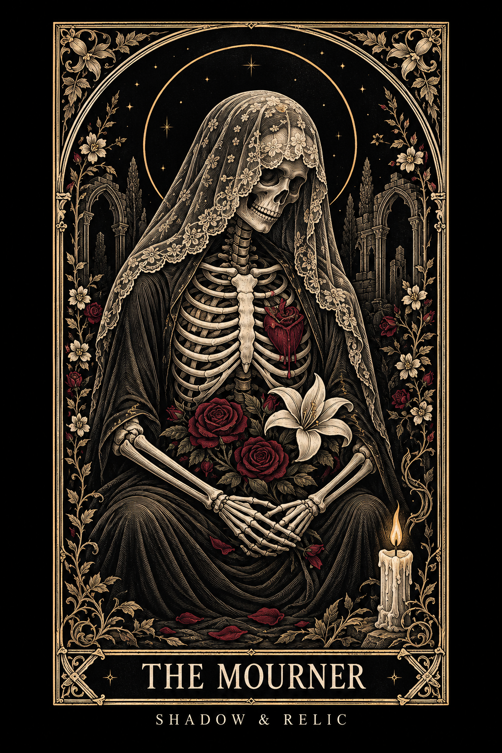 The Mourner gothic card artwork in antique gold, black and burgundy