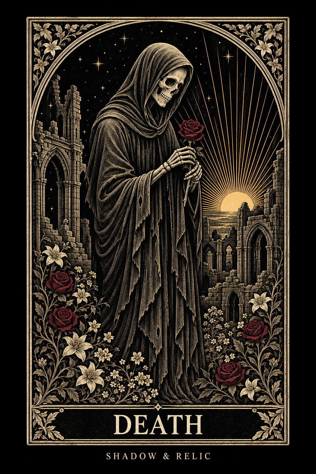 Death gothic card artwork in antique gold, black and burgundy