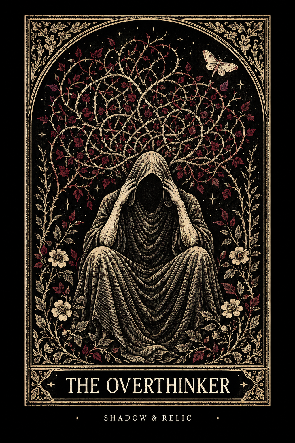 The Overthinker gothic card artwork in antique gold, black and burgundy