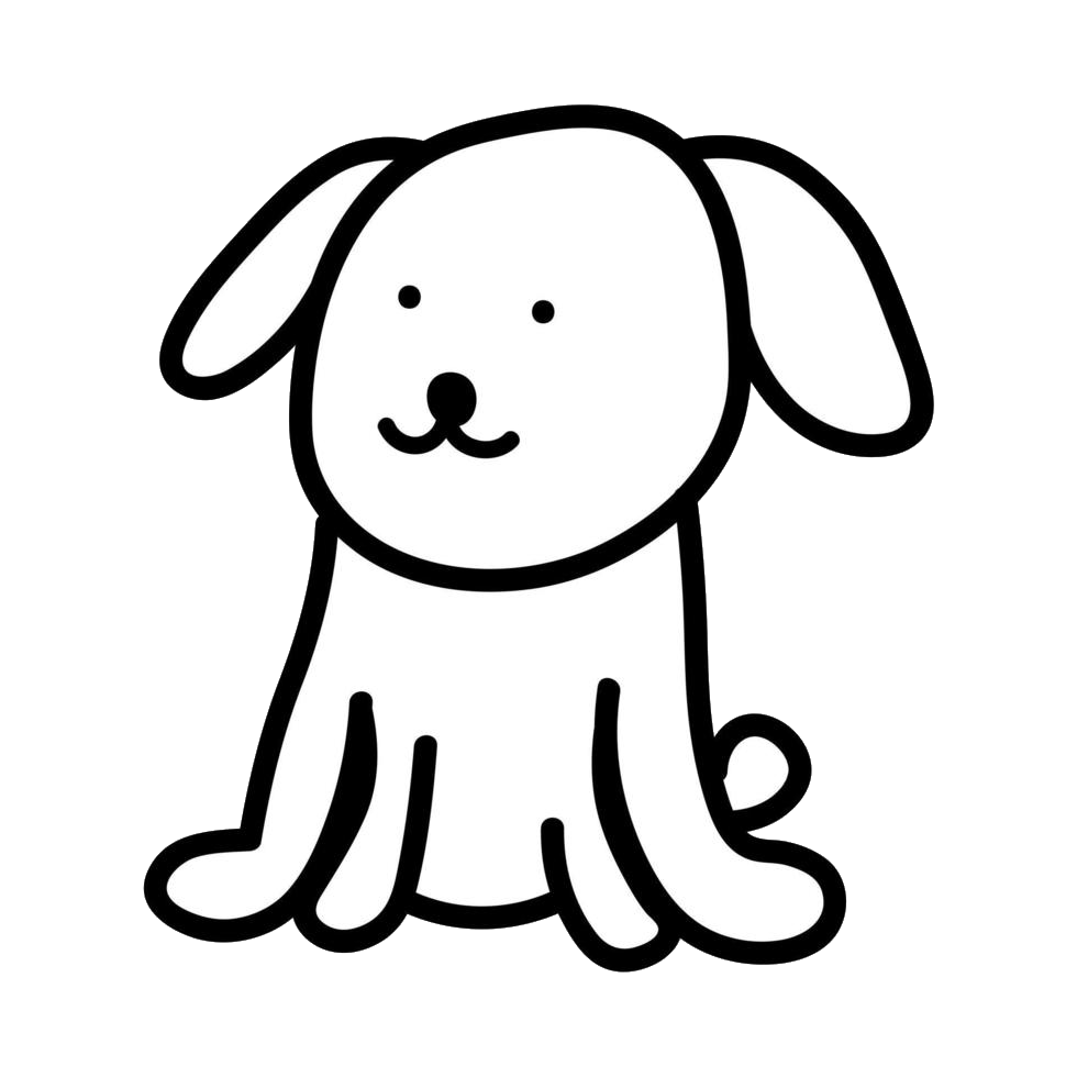 Un sencillo dibujo lineal en blanco y negro de un adorable cachorro sentado, al estilo de los dibujos animados.