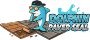 Cartoon dolphin wearing sunglasses and a backward cap sealing pavers with a roller, logo for Dolphin Paver Seal.
