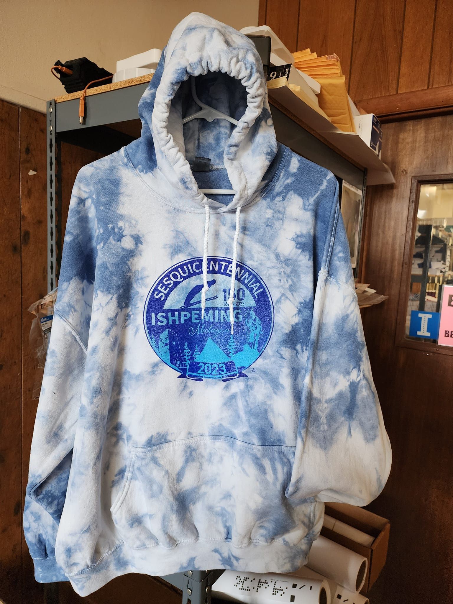 Blue tie-dye hooded sweatshirt with 