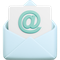 Light blue envelope with a white card bearing a turquoise at symbol.