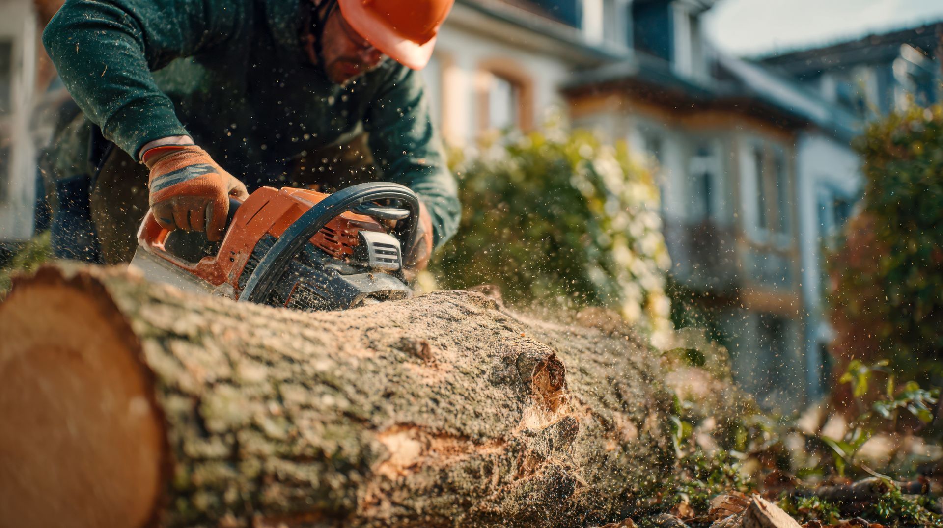 Worker cuts through a large log with a chainsaw in a residential area. Worker cuts through a large log with a chainsaw in a residential area.