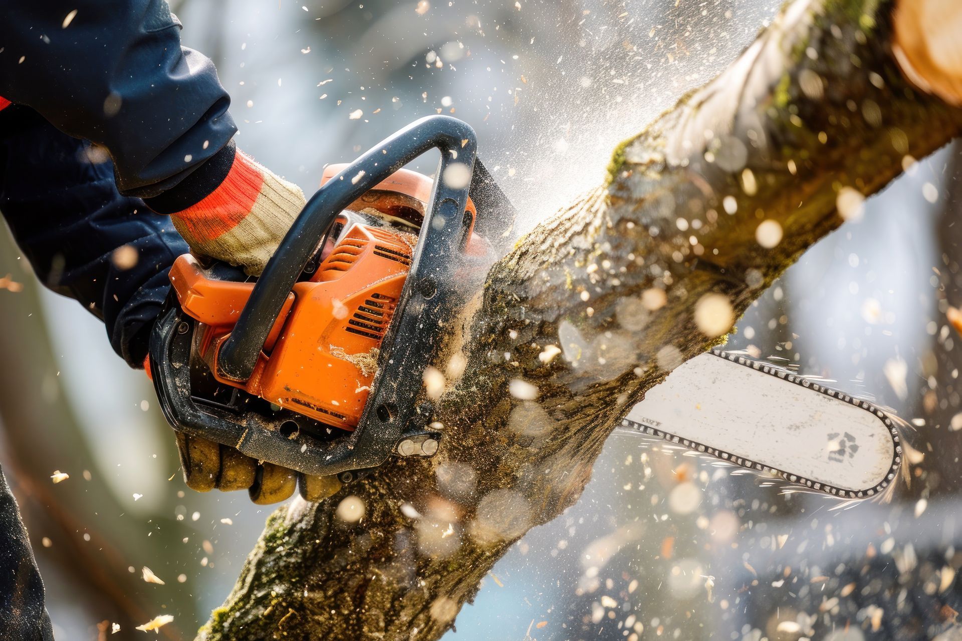 A worker is cutting a tree branch with a chainsaw, wood chips flying. A worker is cutting a tree branch with a chainsaw, wood chips flying.