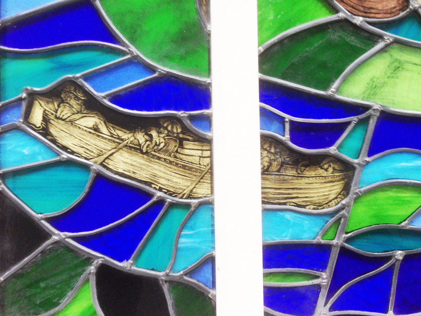 3 Men in a boat, stained glass. Beetle & Wedge Inn