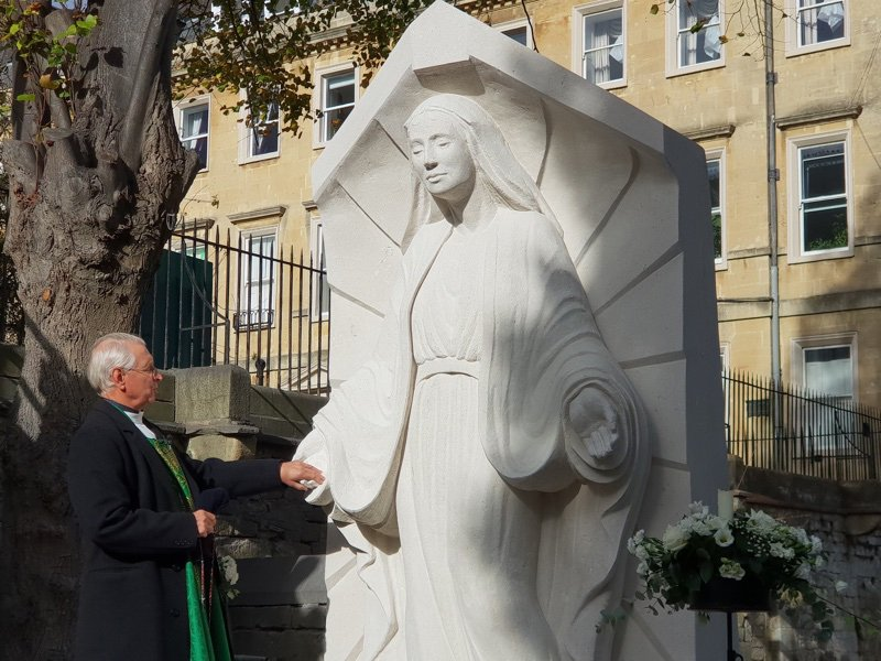 St John The Evangelist Roman Catholic Church, the city of Bath 2018 Mother Mary Our Lady of Bath, Queen of Peace sculpture Ben Dearnley artist