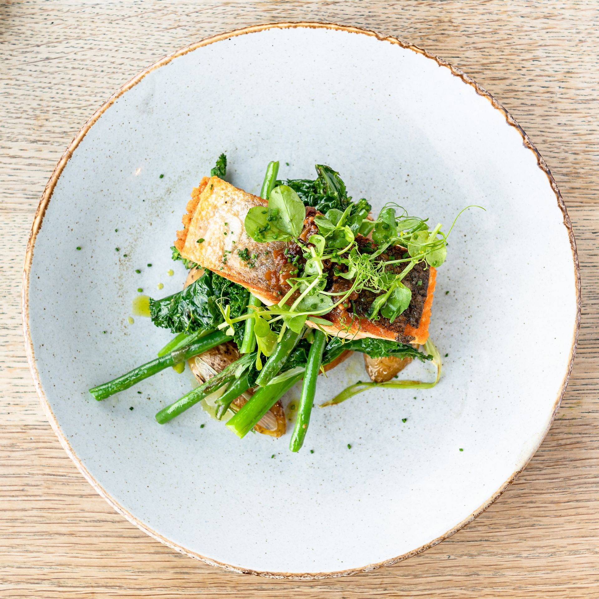 Seared salmon fillet on a bed of greens, served on a white plate.