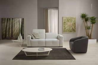 Soggiorno moderno con divano bianco, poltrona scura, quadri alle pareti, piante e tavolino da caffè su un tappeto.