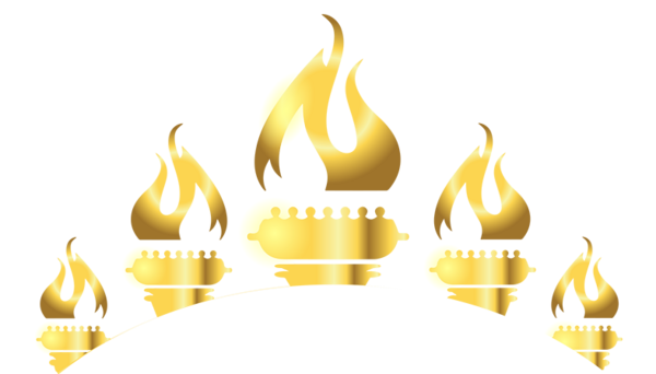 Five golden oil lamps with flames arranged in an arch on a white background