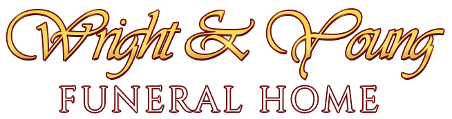 Wright & Young Funeral Home logo in gold script and brown text on a white background