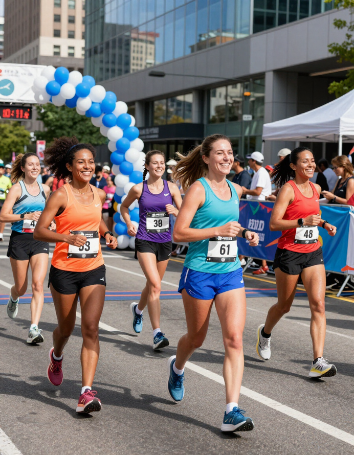 Women runners celebrating at the marathon